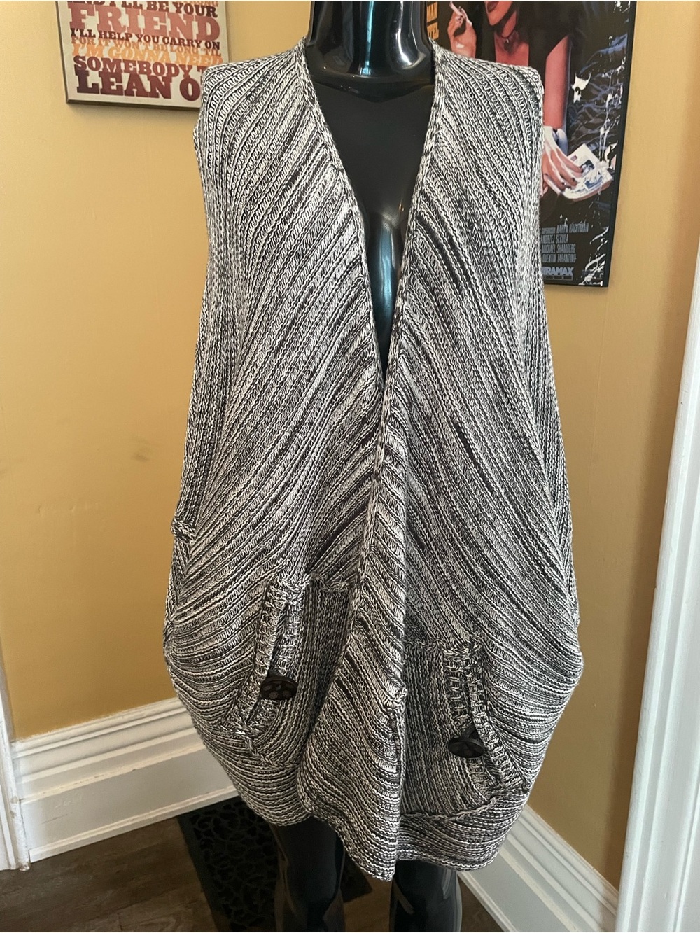 Boho Neon Buddha Cozy Gray Knit Open Front Wrap Ruana 100% Cotton